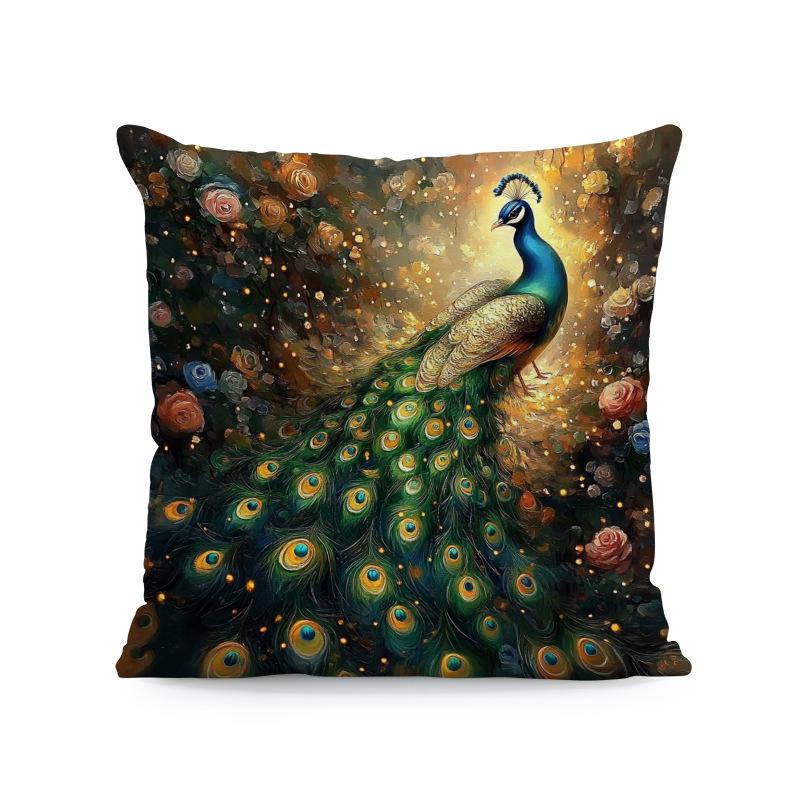 Exotic Cat Print Pillow Cover Zipper Closure Removable Fine One-Side Design Vibrant Blue & Golden Floral Pattern Bedroom, Sofa, Car Pillowcase