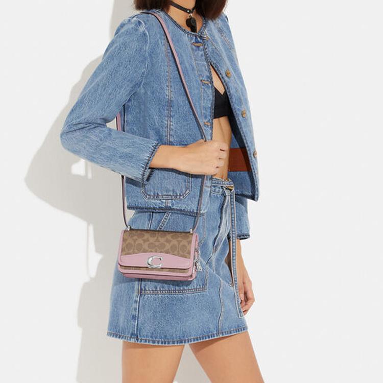 New COACH Bandit Coated Canvas With Luxury Style Refined Calfskin Shoulder Bag, Crossbody Bag Small Women's Brown & Pink CF936-LHRJ8