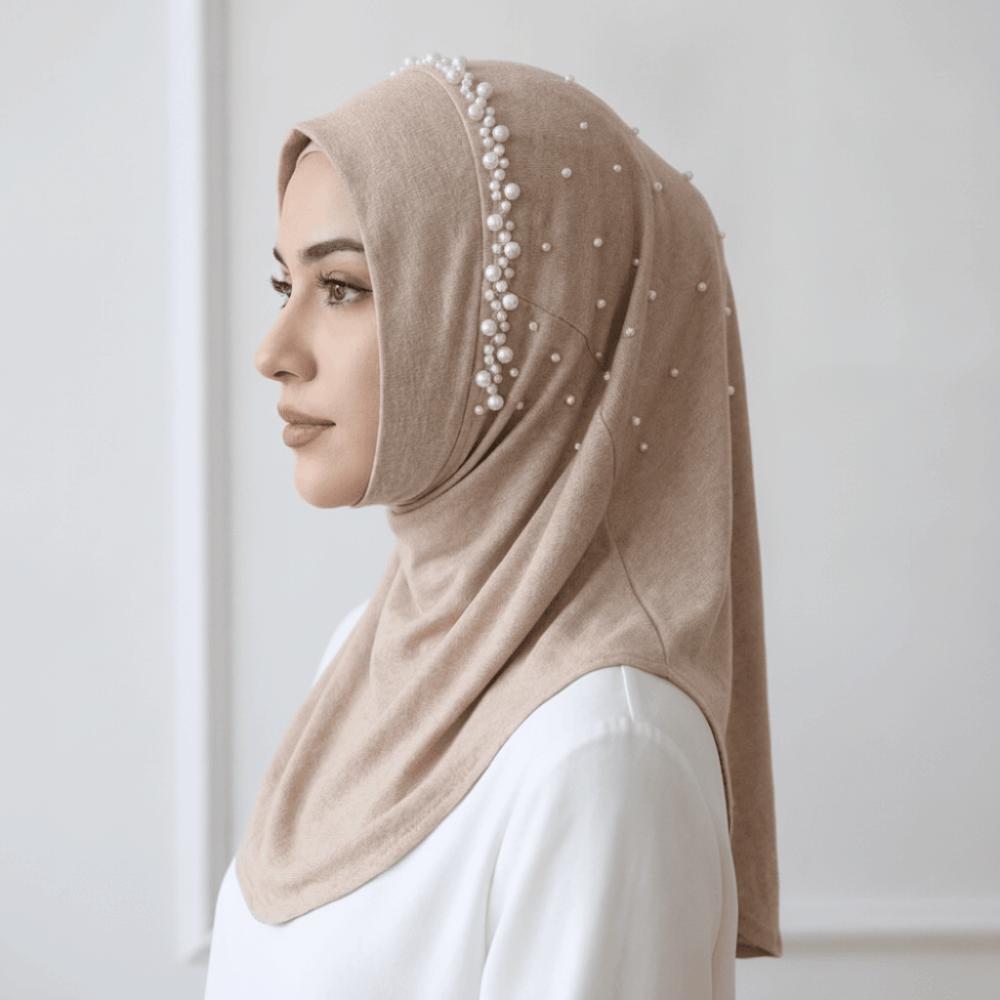 Pull On Style Hijab Scarf Solid Color Sun Protection Headscarf Cute Beads Hijab Girls