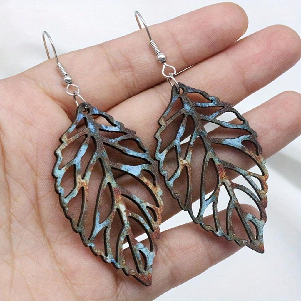 1 Pair Retro Style Hollowout Leaf Drop Dangle Earrings Colored Bohemian Style Wood Earrings Women Fashion Jewelry Gift