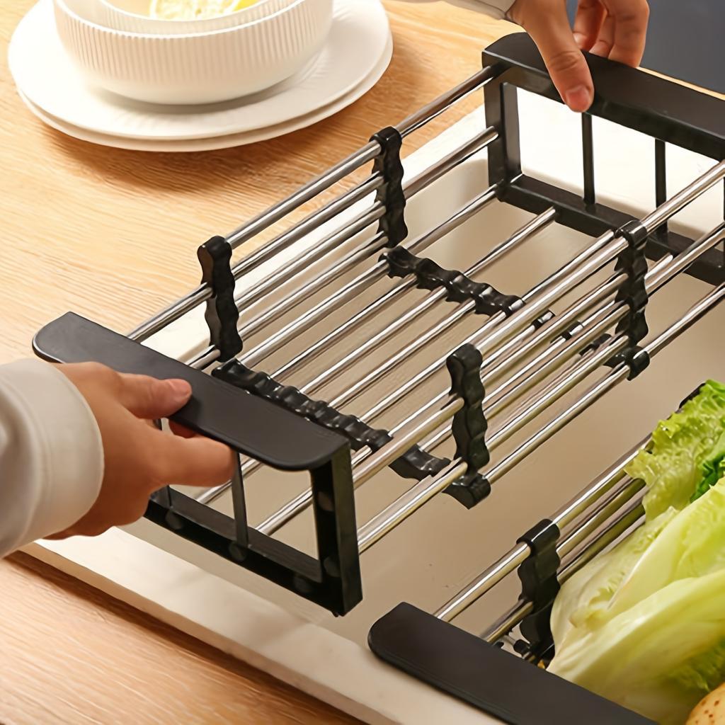 1pc Adjustable Dish Drainer Telescopic Over Sink Dish Drying Rack with  Fruit Vegetable Drain Basket Kitchen Tools and Utensils