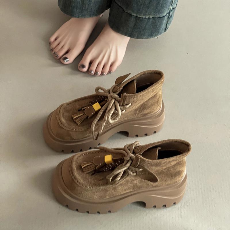 Retro lace-up tassel big head casual board shoes women's autumn fashion Korean version of versatile temperament platform loafers single shoes