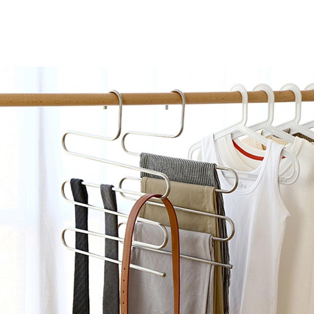 S Shape 5 Layer Pants Hanger Stainless Steel Space Saving Trousers Jeans Ties Wardrobe Organizer