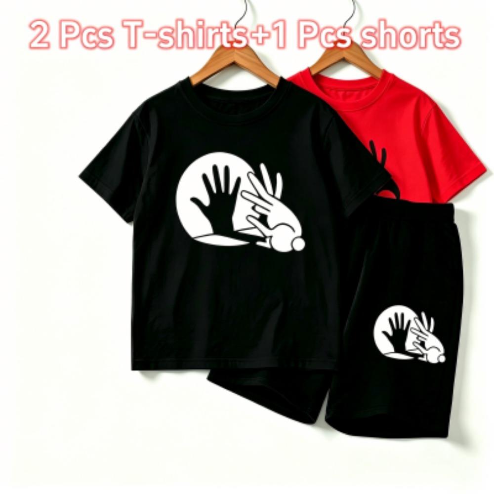 Rabbit Shadow Print Outdoor Street Kids T-shirt and Shorts Summer Home Casual Outfit Boy and Girl's Sports Set