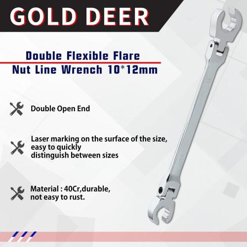 GOLD DEER Double Flare Nut Wrench, Flare Nut Open End Wrench, Flex, Flare Nut Wrench, Brake Pipe Open End Wrench, 10x12mm, Swivel Brake Pipe Open End