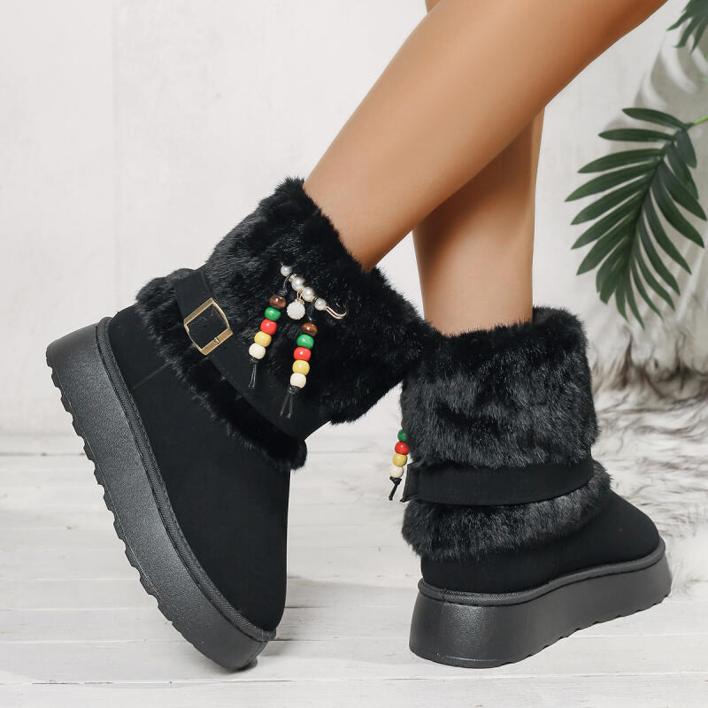 Casual Colorful Beads Decoration Thick Bottom Snow Boots Women 2025 Winter Fashion Faux Fur Ankle Boots Warm Plush Booties