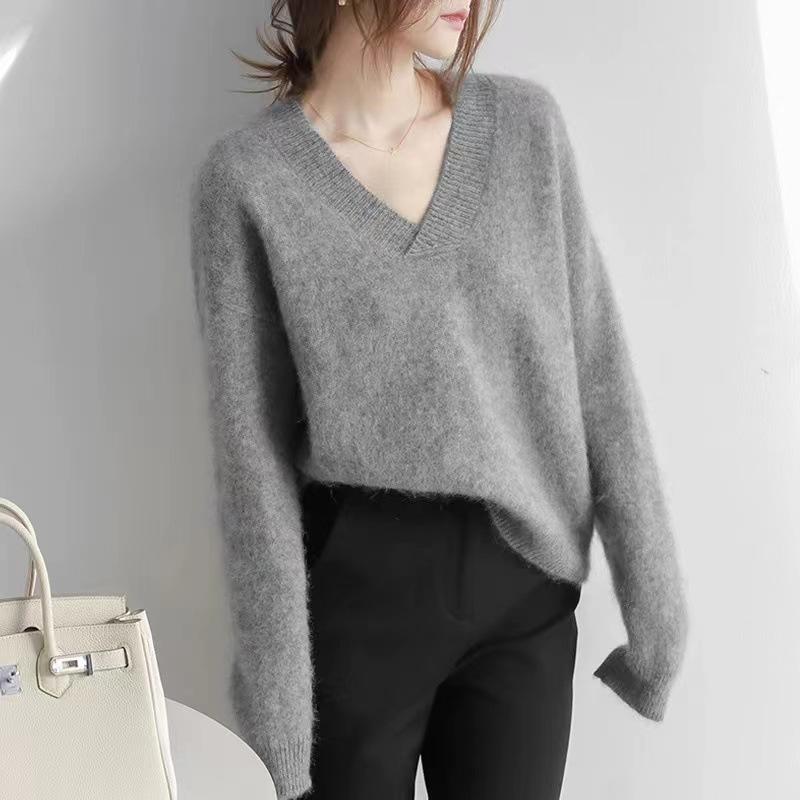 

Женский шерстяной свитер с V-образным вырезом: Универсальный, Свободный и Модный Трикотаж для Осени и Зимы XL серый