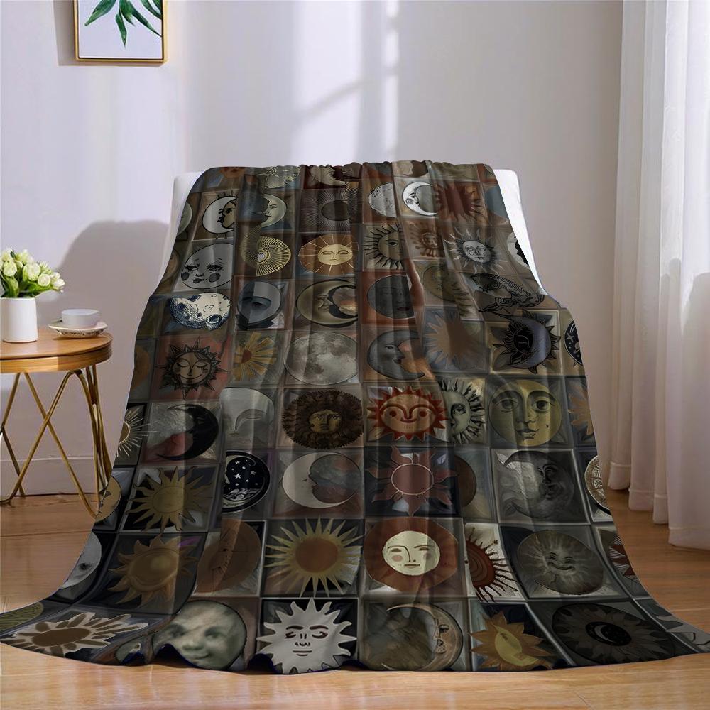 Sun & Moon Tile Flannel Blanket Warm Soft Halloween Christmas Couch Warm Cozy Decorative Decor Gift For All Season