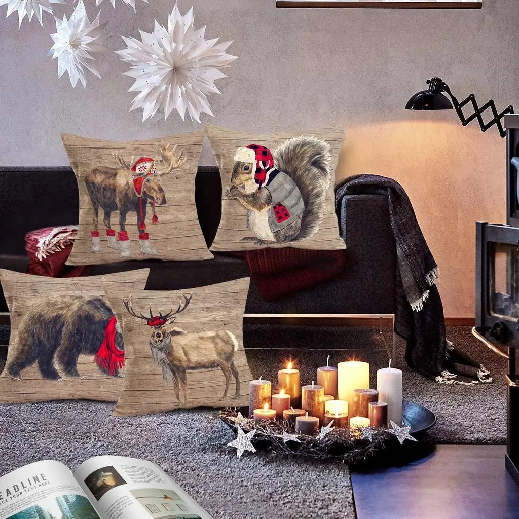 Winter Decoration Squirrel Elk Bear Printed Linen Pillowcase Sofa Cushion Cover Home Decoration Can Be For You