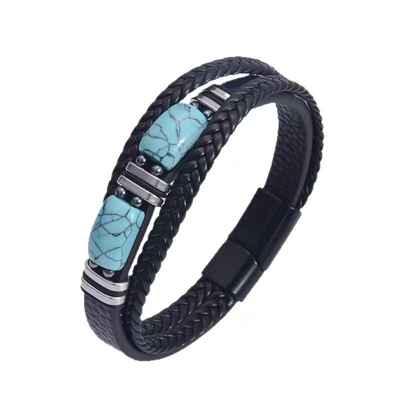 Men's Double Layer Leather Bracelet with Tiger Eye Stones
