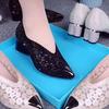 Round Heel Single Shoes Autumn New Metallic Pointed Toe Shallow Mouth Cutout Breathable Rhinestone Mid-heel Shoes