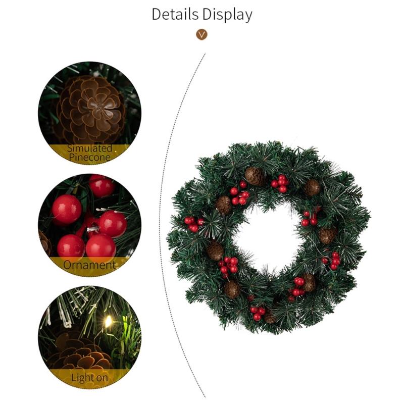 Holiday Pinecones Berries Christmas Wreath with Warm LED Lighting 40cm Diameter for Front Door Indoor and Outdoor Decors