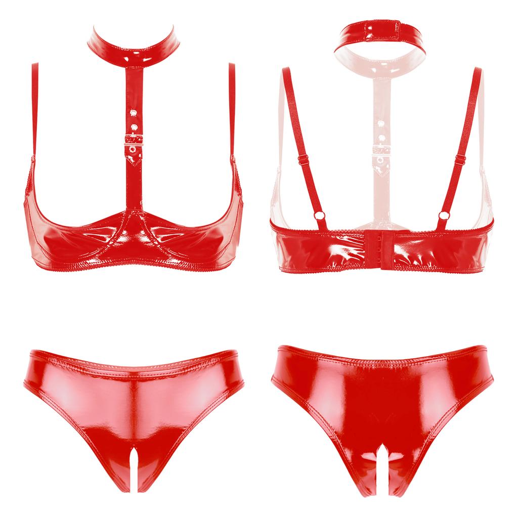 Women's Fashion Lingerie Set Patent Leather Wire-free Bra Top with High Cut Briefs Underwear Honeymoon Costume