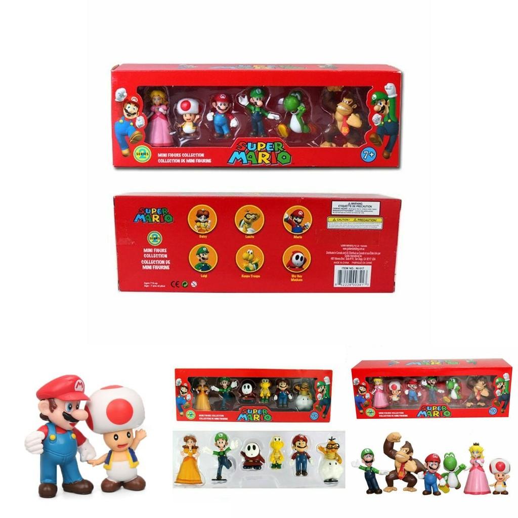 Sześcioelementowy zestaw figurek akcji Super Mario Bros z Luigi, Yoshi i grzybami kolekcjonerskimi dla dzieci