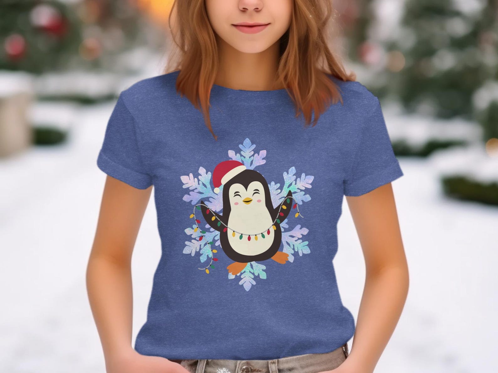 Christmas Penguin T-Shirt, Santa Hat Lights Snowflake Tee, Winter Holiday Family Matching Apparel S