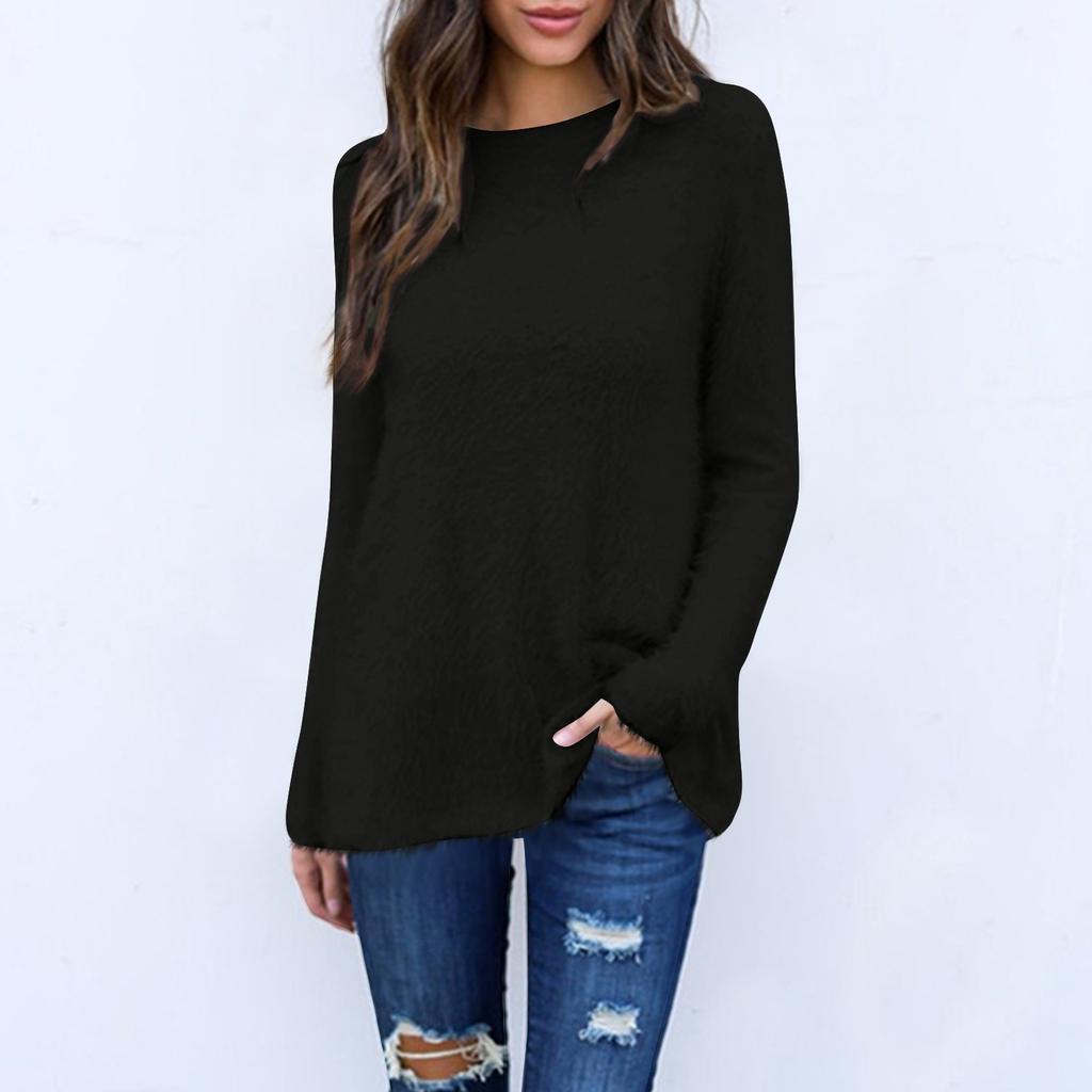 Women's Fashion Casual Long Sleeve Sweater Loose Round Neck Front Short Back Long Top