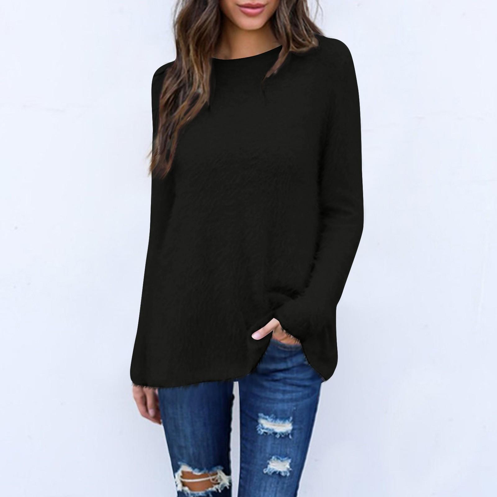 

Женская мода повседневный свитер с длинным рукавом свободный круглый вырез спереди короткий сзади длинный топ M чёрный
