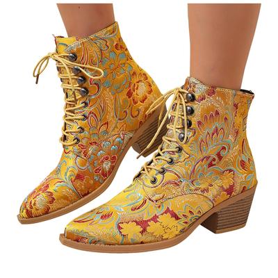 Vintage Bestickt Ethnischer Stil Kurze Westernstiefel Damenschuhe Mode Spitz zulaufend Hoher Absatz Schnallenriemen Knöchelhohe Stiefel