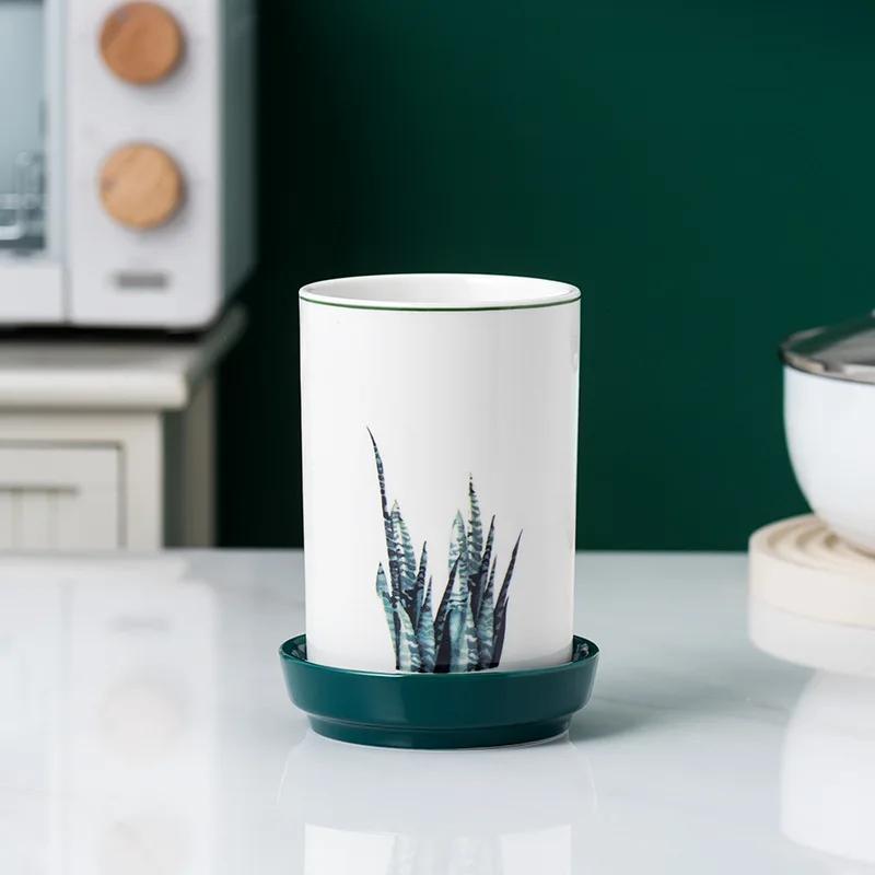 Ceramic Cutlery Holder with Drainer Bottom Cooking Tools Storage Box Gadgets Organizer Accessories Kitchen Uensils