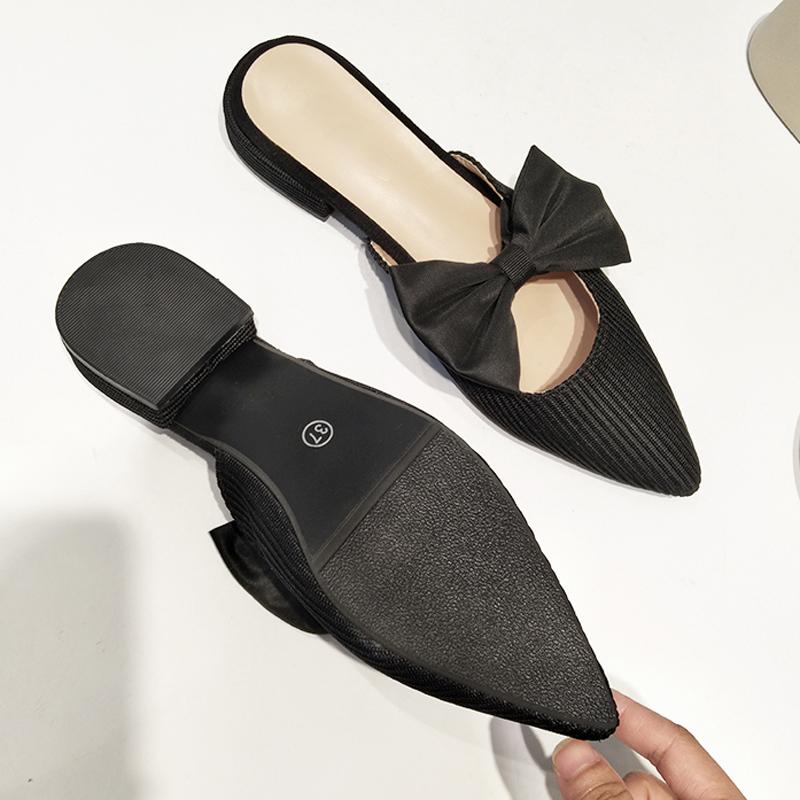 New Butterfly -Knot Pointed Toe Mules Shoes Stretch Knitted Slippers Women Mesh Slides Fashion Slip On Shallow Flats Spring