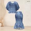 Women Plus Size Round Neck Batwing Sleeve Printed Ruffle Hem Top Fishtail Skirt Two Piece Set