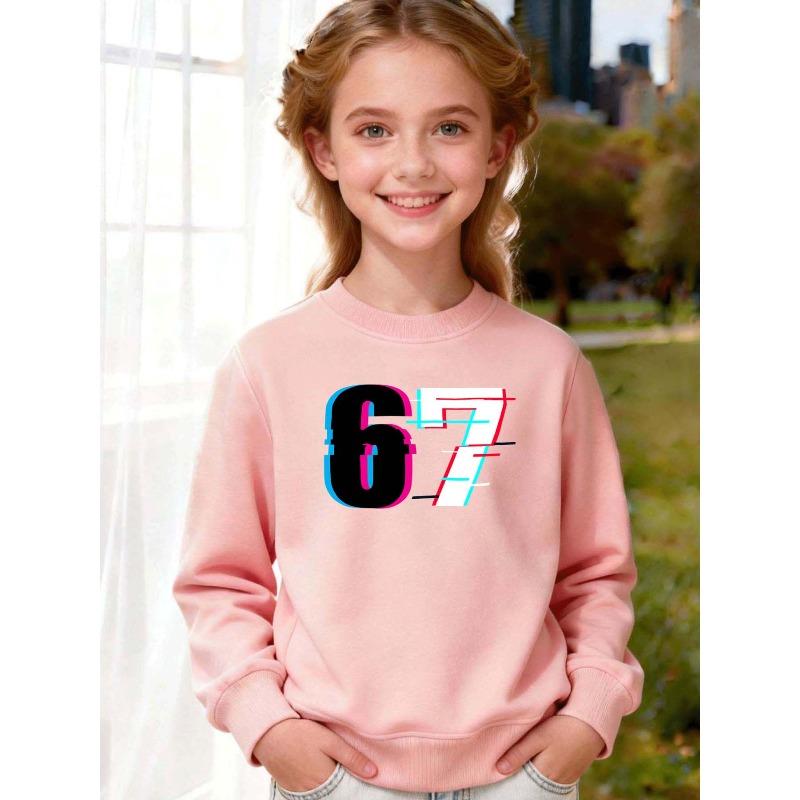 Unisex Kids Red Crewneck Sweatshirt For 4-12 Boys Girls Glitch Neon Pink Cyan Distorted Number 67 Print Soft Fleece Long Sleeve Pullover