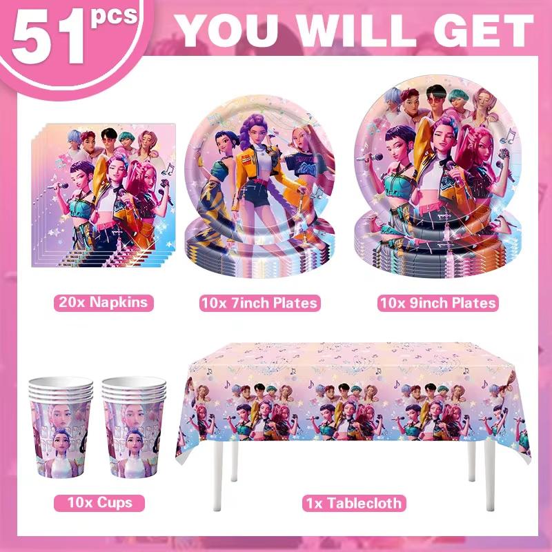 K-Pop Kindergeburtstagsparty Zubehör All-in-One Dekorationsset - Papiergeschirr Becher Süßigkeitenbox Geschenktüten Banner für festliche Feiern