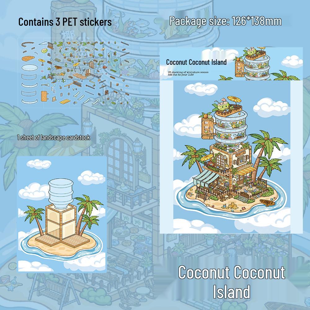 Coconut Island Scenery Sticker Set: 3 PET Sheets for DIY Miniature Cartoon Houses & Journals