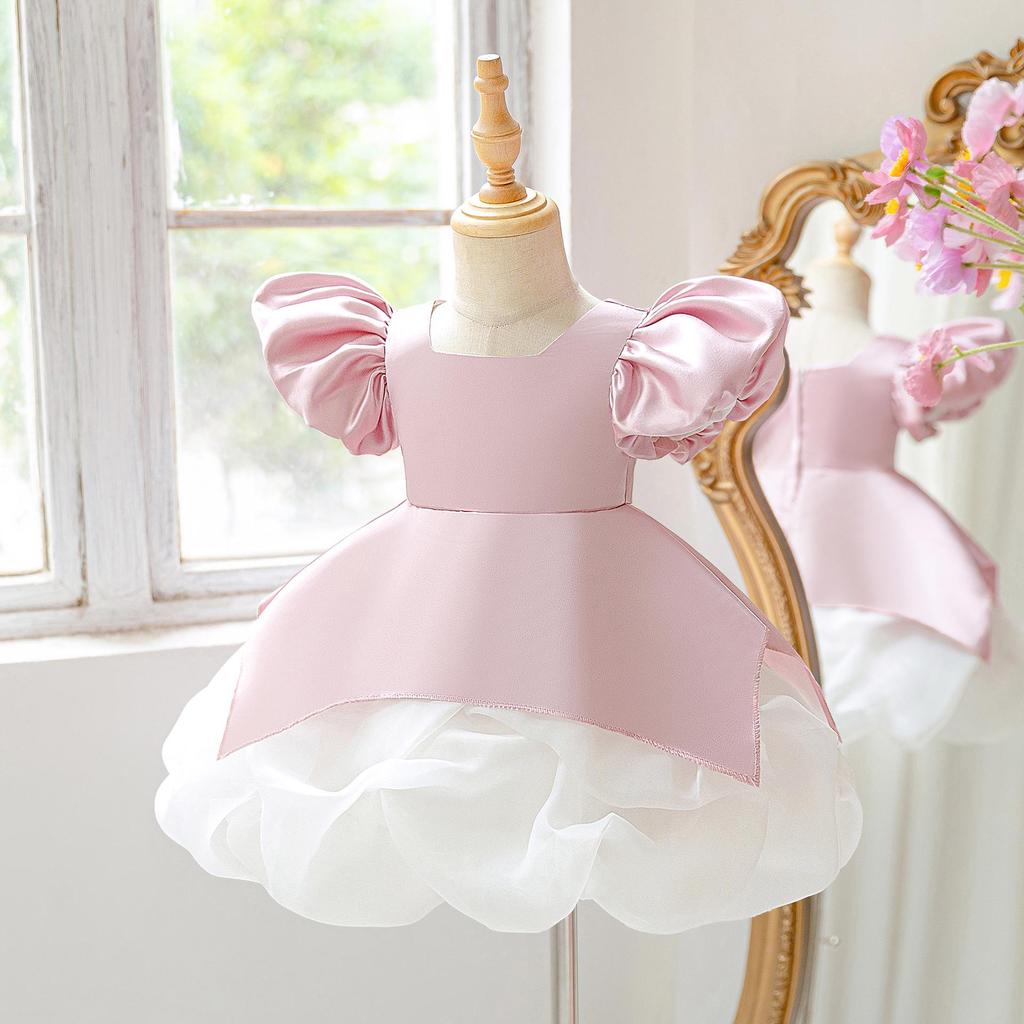 New Girls' Satin Puff Sleeve Princess Dress - Perfect for Birthdays, Weddings, and Special Occasions