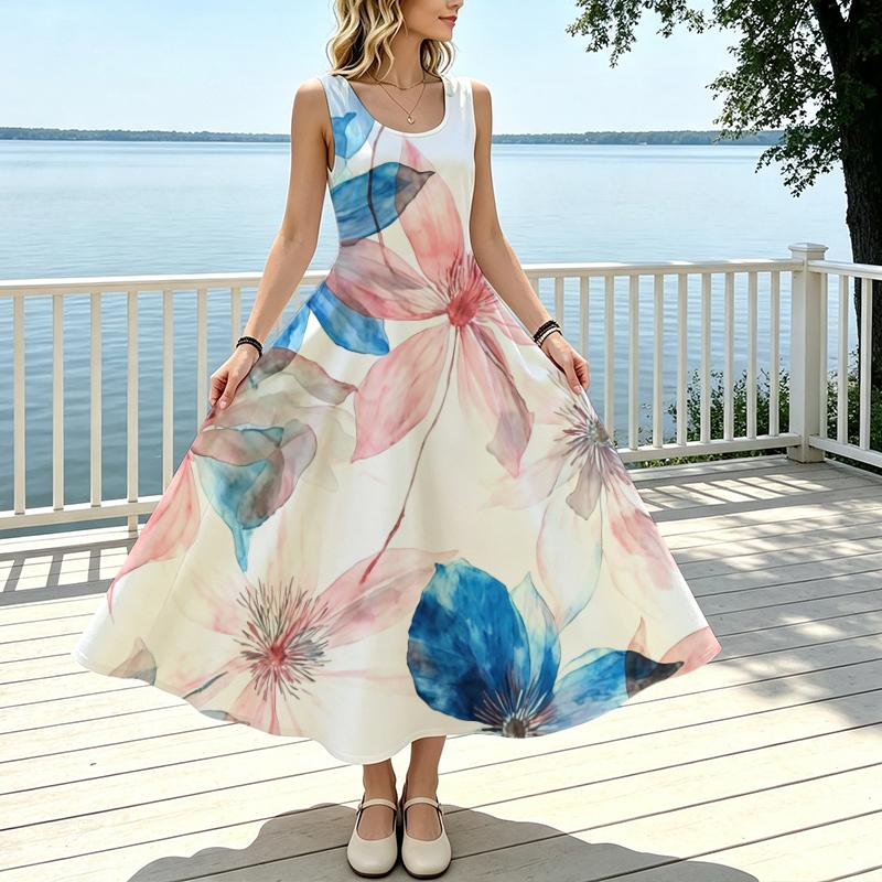 U-Neck Sleeveless Maxi Dress Flowy Lightweight Watercolor Print Chic Long Skirt for Vacation,Daily Wear,Spring Autumn Layering