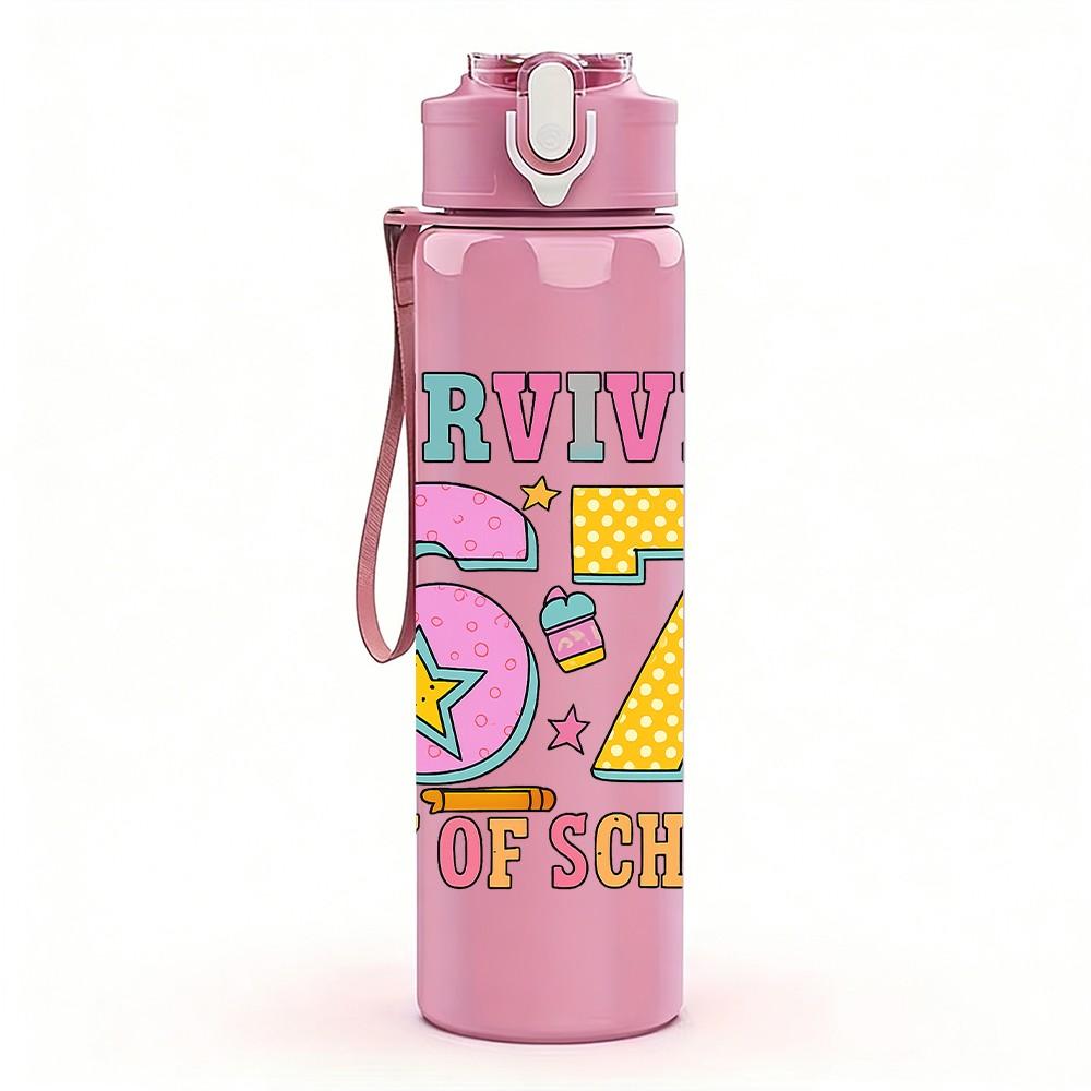 1PC Survived 67 First Day Of School Letter 750ml Color Plastic Sports Water Bottle Leakproof Flip Straw Lid Suitable for Sports Office Home Use