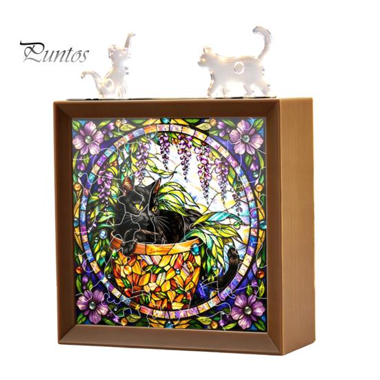 Wooden Photo Frame Base DIY Acrylic Cat Puzzles Night Light, Hand-Assembled Stained Glass Style Jigsaw Lamp with Personalized Handmade Presents Decor,