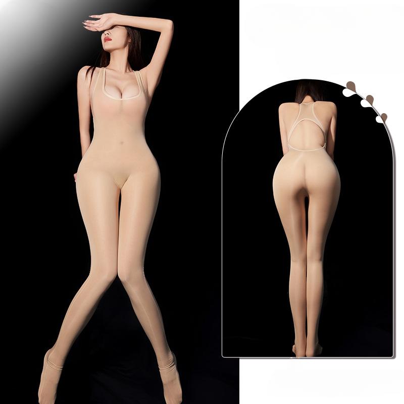 Women Sexy Jumpsuit Oil Shiny Glossy Bodystockings High-Elastic Low-Cut Seamless Stockings Sm Backless Transparent Lingerie