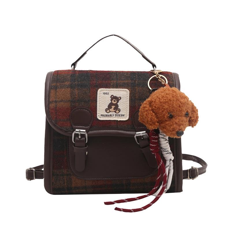 Woolen Plaid Portable Small Bag Women's 2025 New Trendy Fashion College Style Backpack Winter Retro Messenger Bag