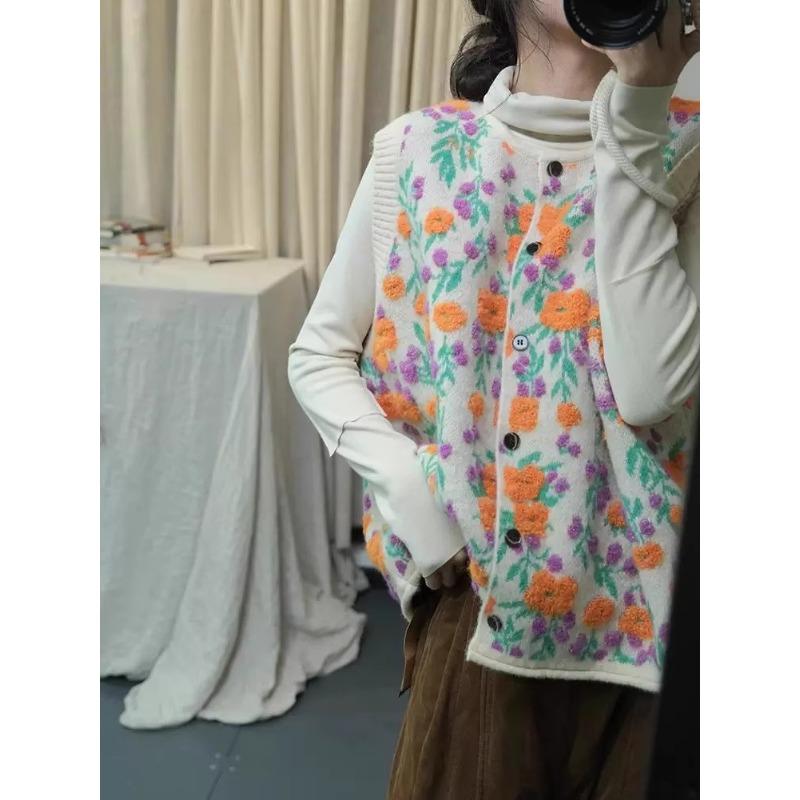 DIMANAF 2025 Automne Femmes Sans Manches Boutons Gilet Pulls Style Impression Tricot Décontracté Ample Pull