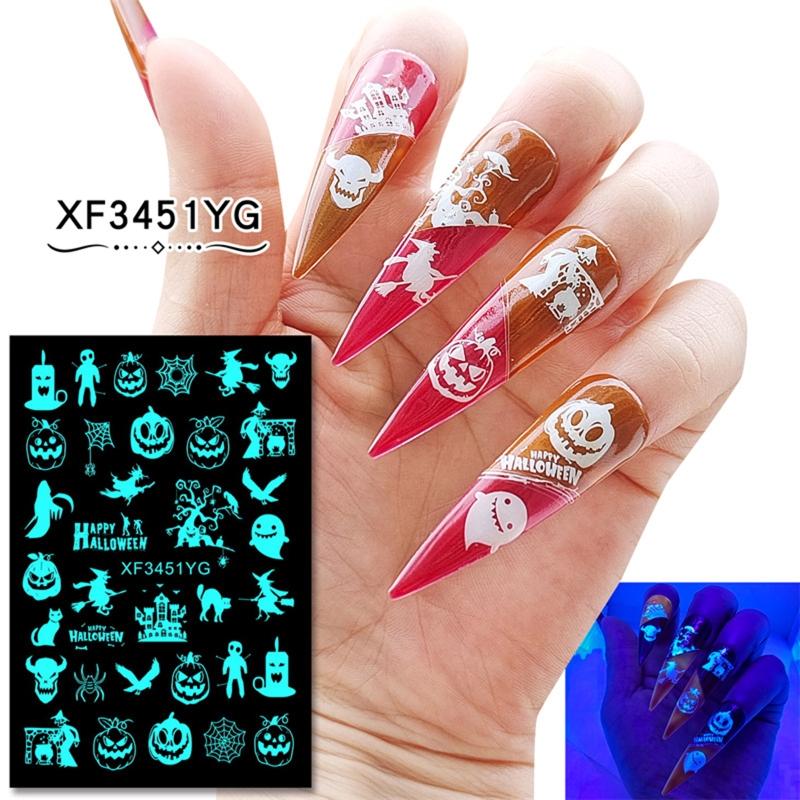 12sheet Luminous Halloween Nail sticker Fluorescent Stickers Glow In The Dark Self Adhesive Halloween Nail Art Stickers