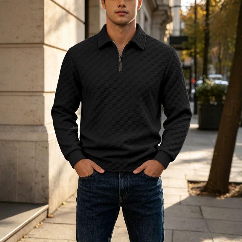Men S Long Sleeve Polo Sweatshirt Checkered Jacquard Casual Business