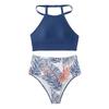 Women's Two Piece Swimsuit High Waist Halter Neck Bikini Set Leaf Print Bottoms Stretch Fabric