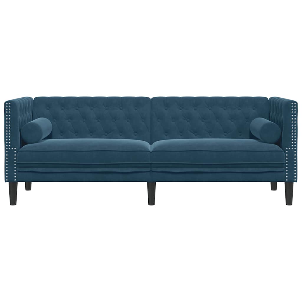 Chesterfield Sofa with Neck Pillows 3 Seater Blue Velvet
