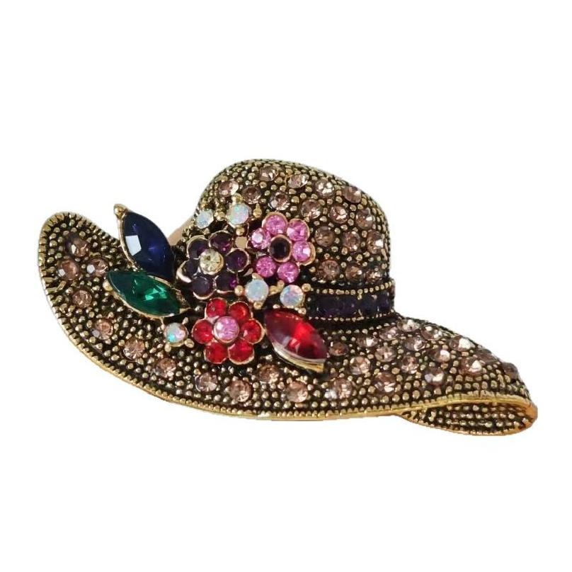 

Retro Rhinestone Flower Sun Hat Shape Brooches For Women Clothing Accessories Lady Holiday brooch Gifts золотой