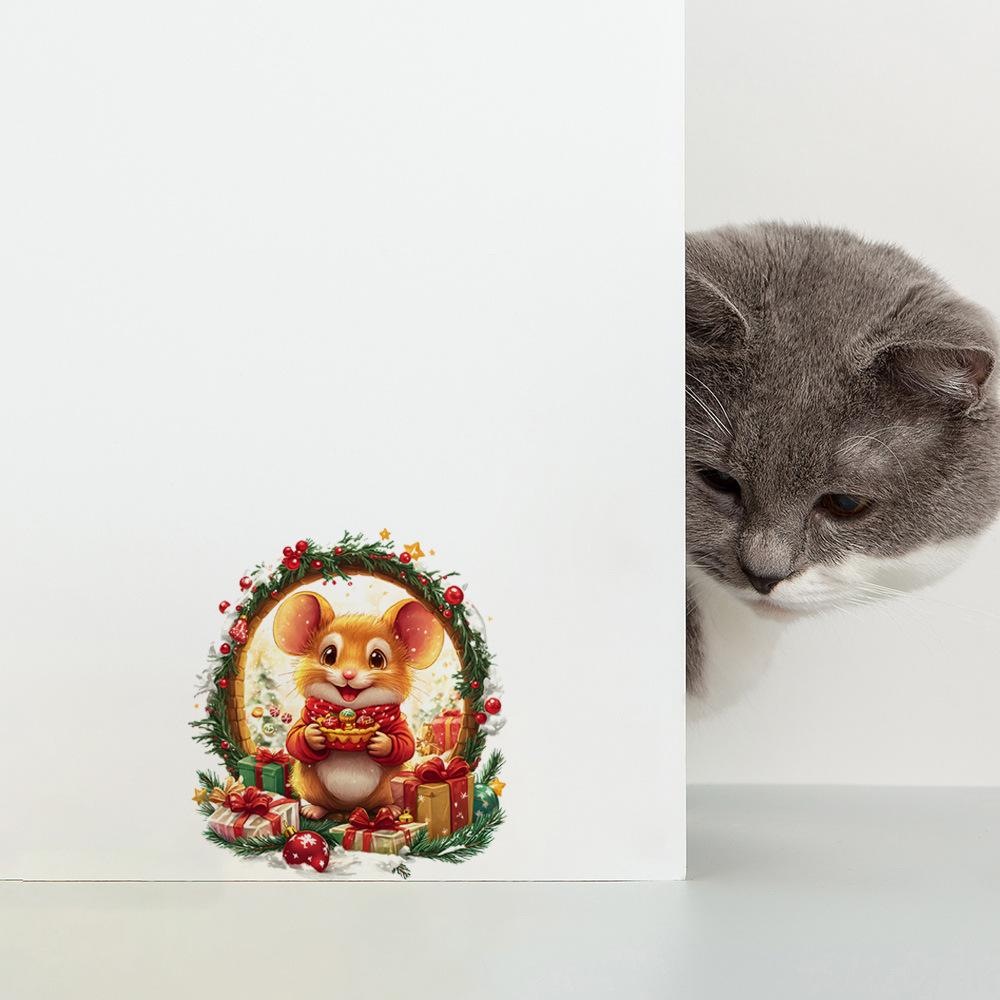 Christmas Cartoon Mouse Wreath Mouse Hole Corner Baseboard Staircase Self Adhesive Wall Sticker Home Decor