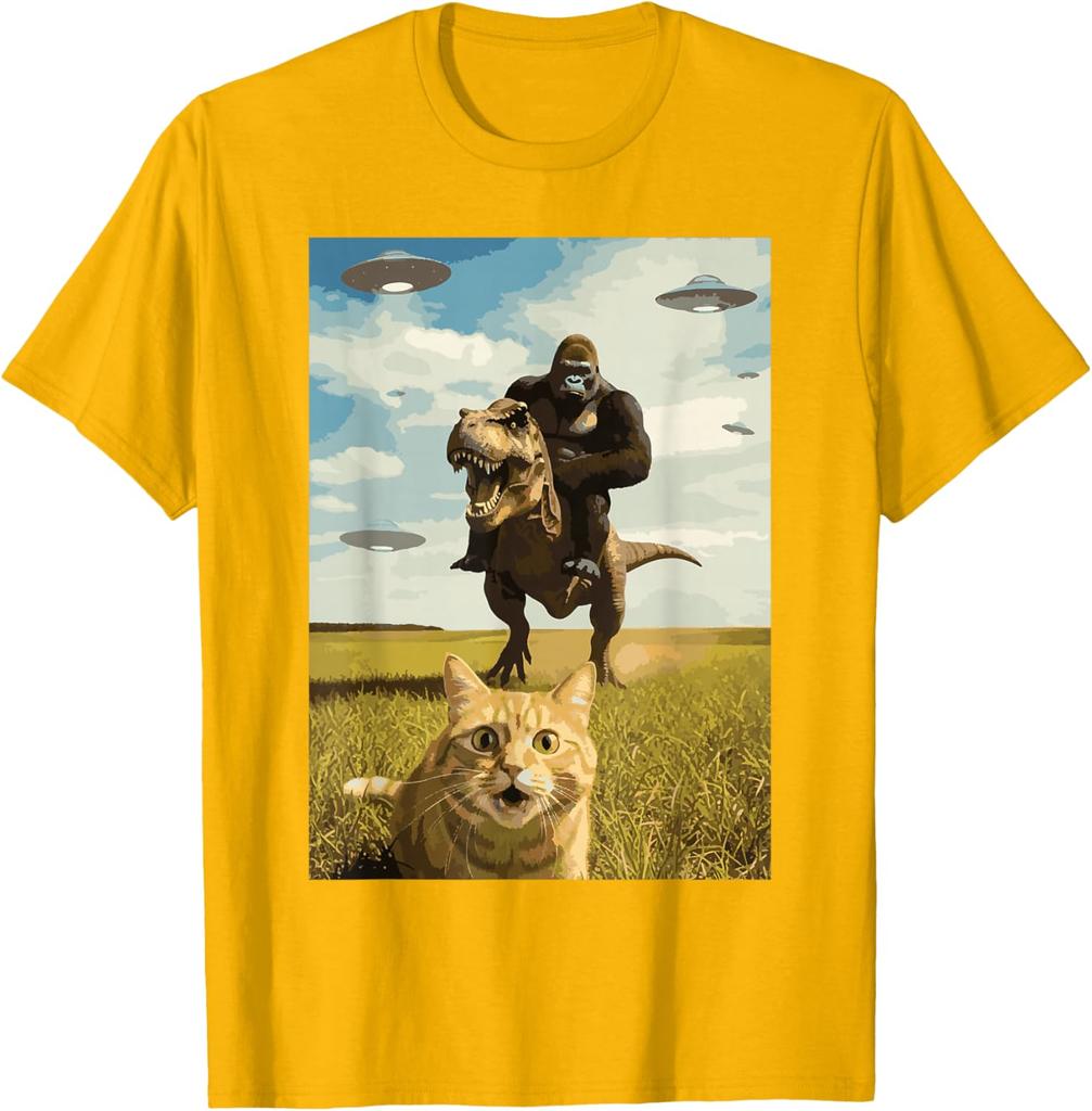 Gorilla Riding T Rex with Cat UFO Meme Graphic Tee Funny Casual Crewneck TShirt for Men