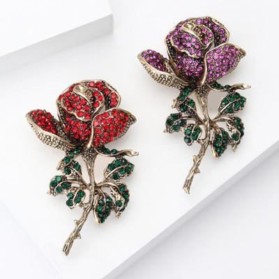 Vintage Rhinestone Rose Brooch for Women Enamel Plant Pins Friends Party Gifts Banquet Jewellery Accessories