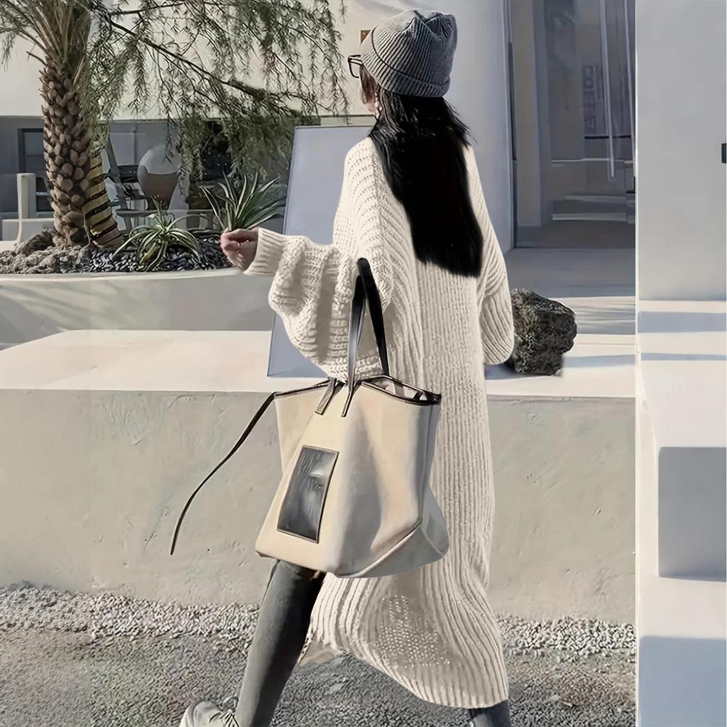 Women's Solid Color Long Sleeved Knee Length Knitted Cardigan, Lazy Trend, Medium Long Hair Jacket