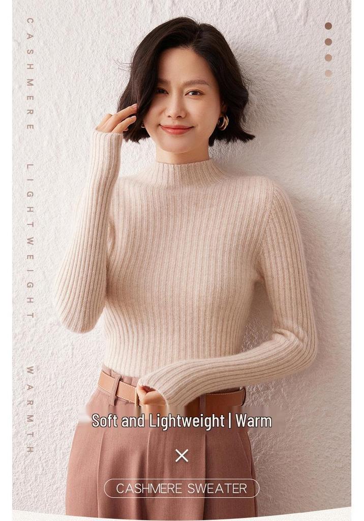 Slim-Fit Striped Cashmere Sweater for Women - Autumn/Winter 2026 Collection, Half-High Neck, Soft Solid Color Knitwear