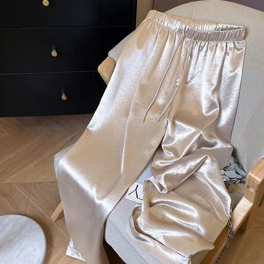 Women's High-End Satin Wide-Leg Pants - Summer Elastic High Waist Textured Drape in Casual Straight Style