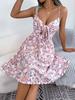 Women Casual Floral Ruffled Bow Strappy High Waist A Line Midi Dress