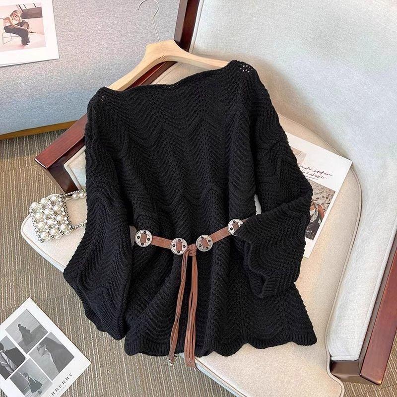 

Autumn and Winter Lazy Loose Top with Hollowed Out Pullover Knitted Women s Sweaters One size чёрный