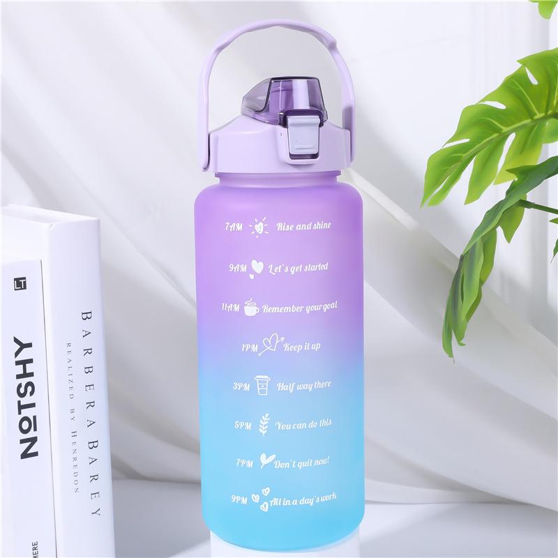 2000ml Frosted Gradient Sports Water Bottle with Handle & Straw, Large Capacity Plastic Cup