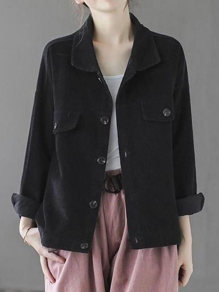 Samt Kord Kürzere Jacke Damen Frühling Herbst Einfarbige Stehkragen Locker Kleine Größe Lässiges Oberteil Retro